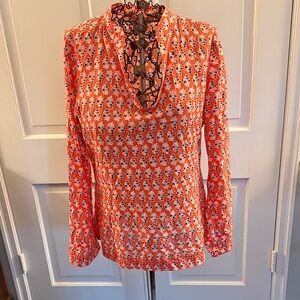 Tory Burch Orange, Navy & White Floral Printed Sequin Lightweight Tunic Top.